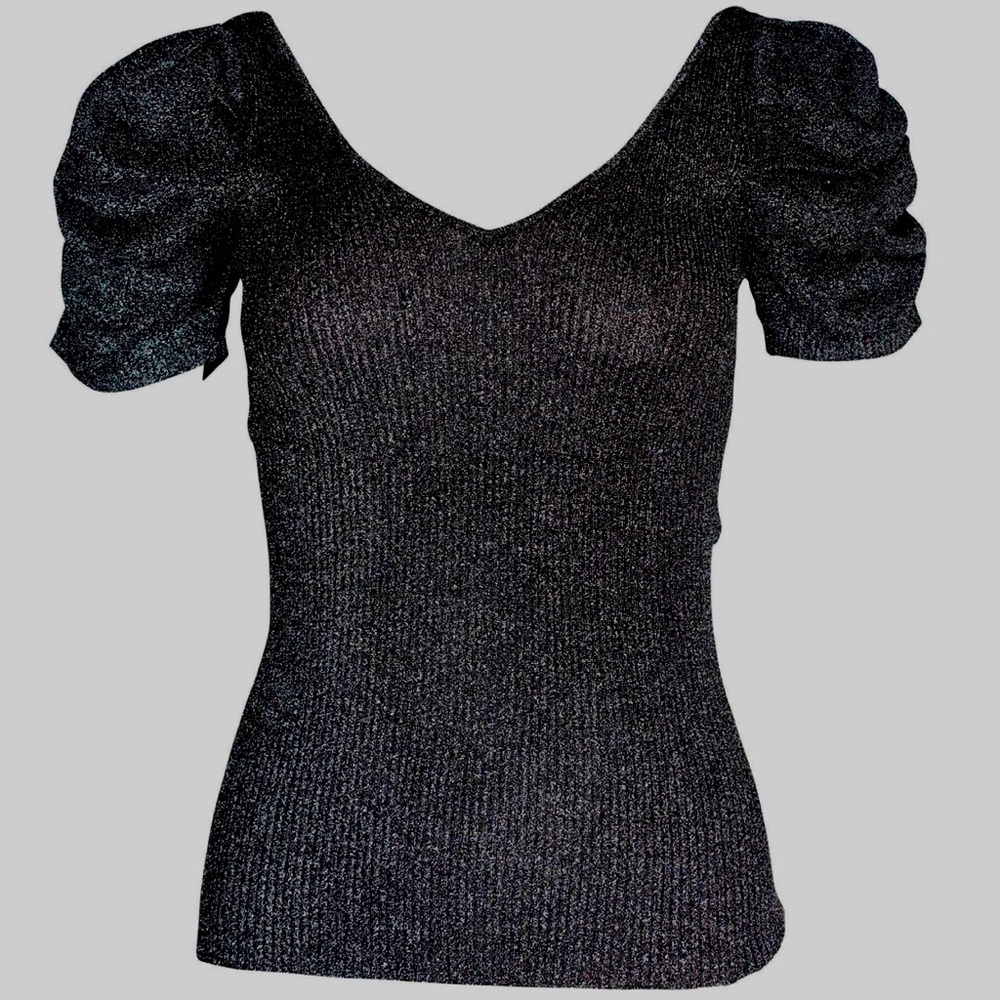 Express Shimmering Black Puff Sleeve Blouse